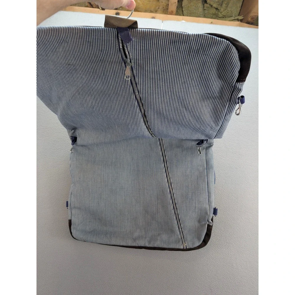 Vintage Hickory Stripe Canvas Suede Garment Travel Luggage Bag Blue White Brown